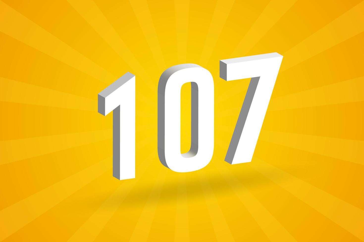 3D 107 number font alphabet. White 3D Number 107 with yellow background vector