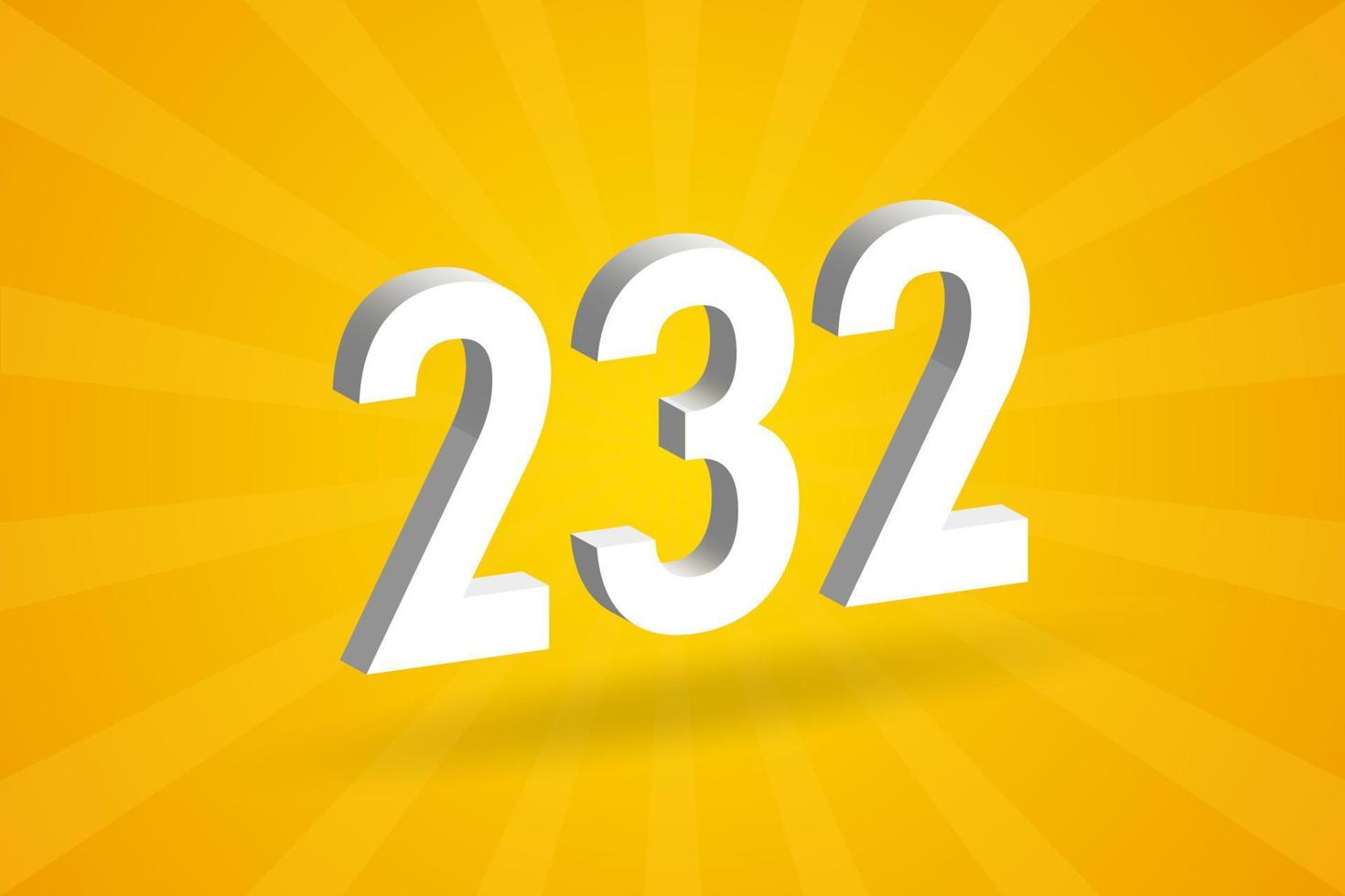 3D 232 number font alphabet. White 3D Number 232 with yellow background vector