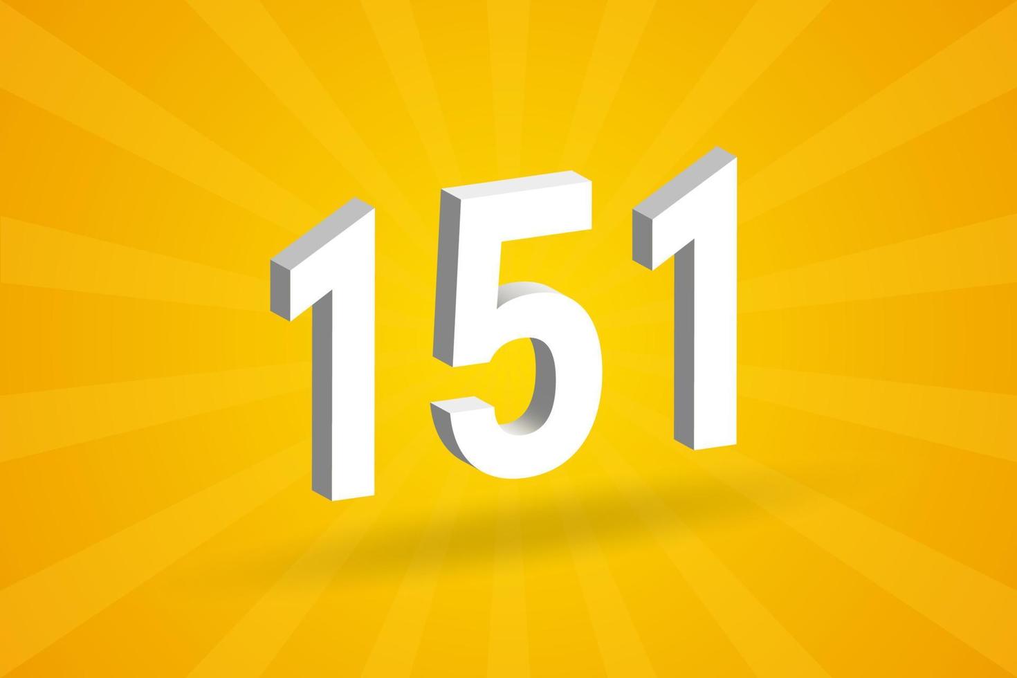 3D 151 number font alphabet. White 3D Number 151 with yellow background vector