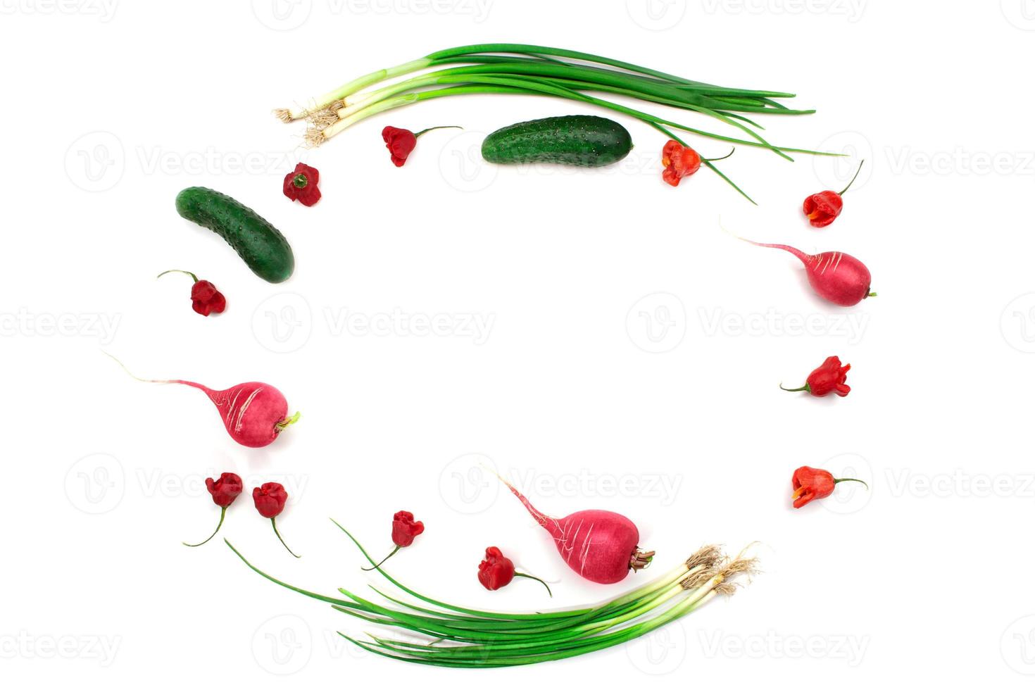 Ingredients for salad, lunch or dinner preparation. Pink and green radish, red bell pepper, green onion, cucumber on white background. Concept food, frame of vegetable. Copy space photo