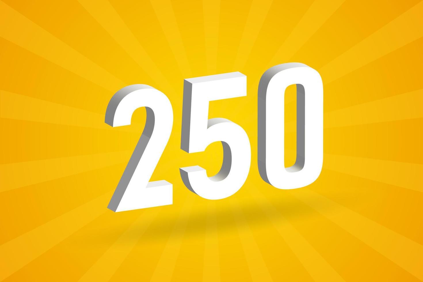 3D 250 number font alphabet. White 3D Number 250 with yellow background vector