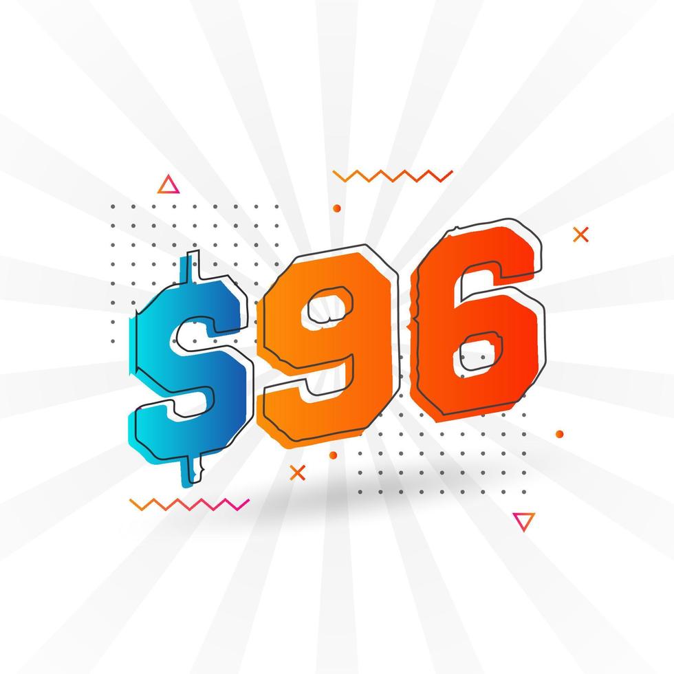96 Dollar currency vector text symbol. 96 USD United States Dollar American Money stock vector