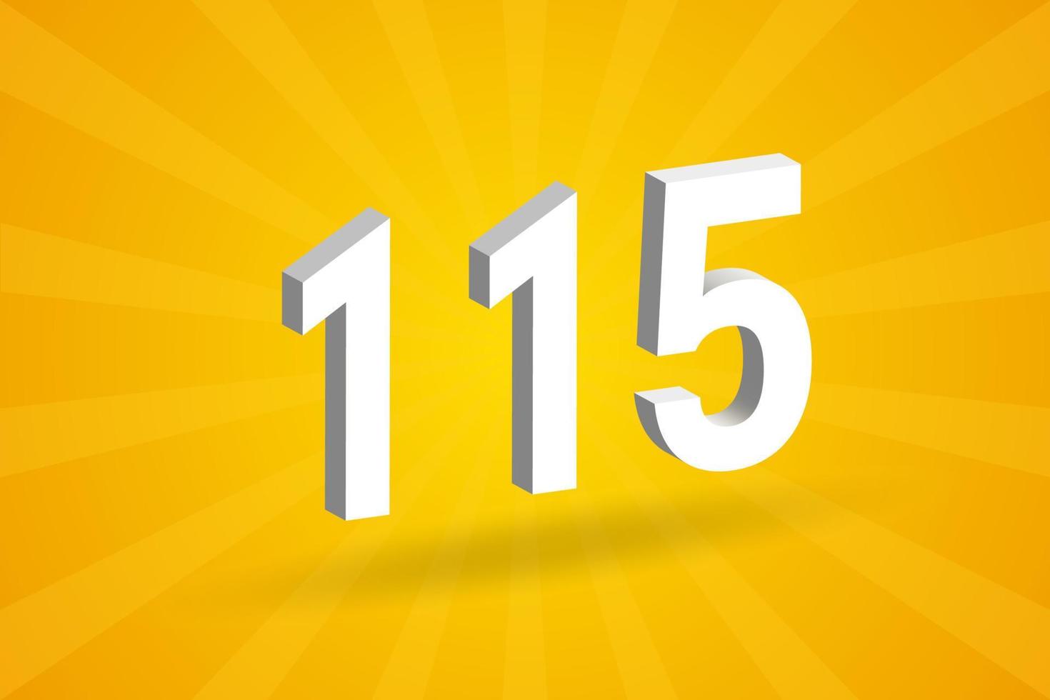 3D 115 number font alphabet. White 3D Number 115 with yellow background vector