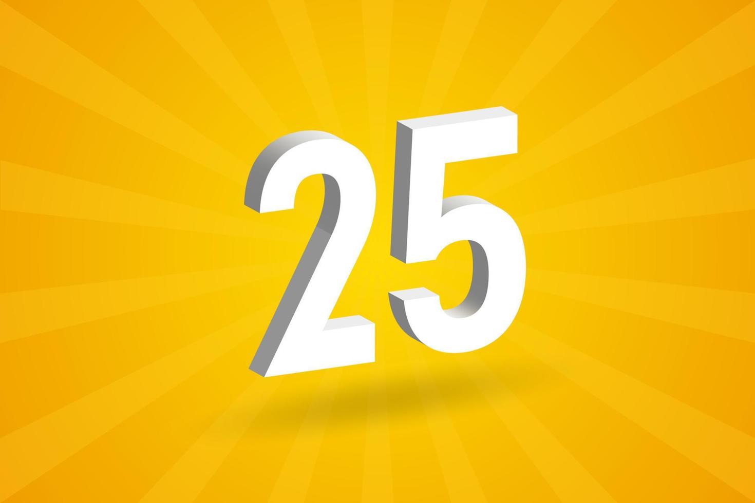 3D 25 number font alphabet. White 3D Number 25 with yellow background vector