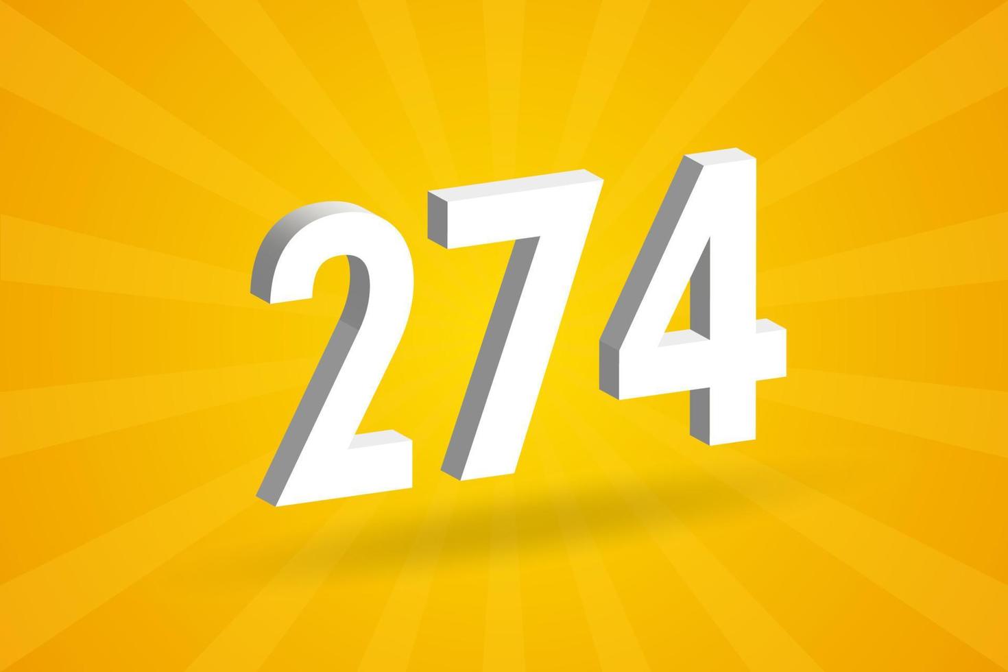 3D 274 number font alphabet. White 3D Number 274 with yellow background vector