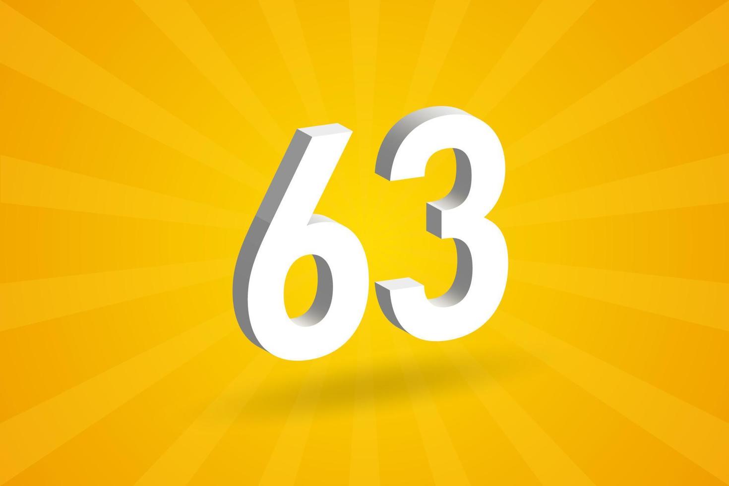 3D 63 number font alphabet. White 3D Number 63 with yellow background vector