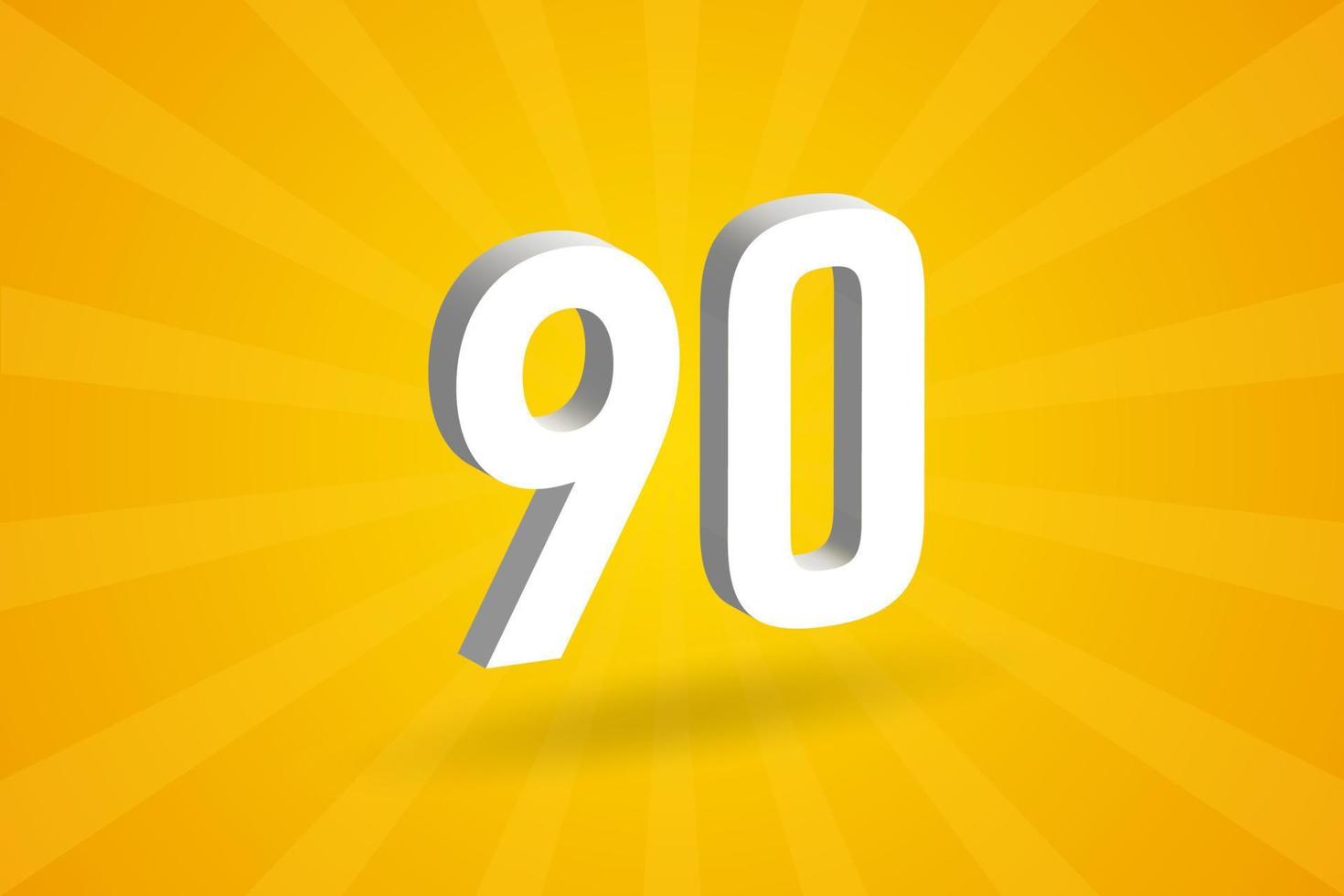 3D 90 number font alphabet. White 3D Number 90 with yellow background vector