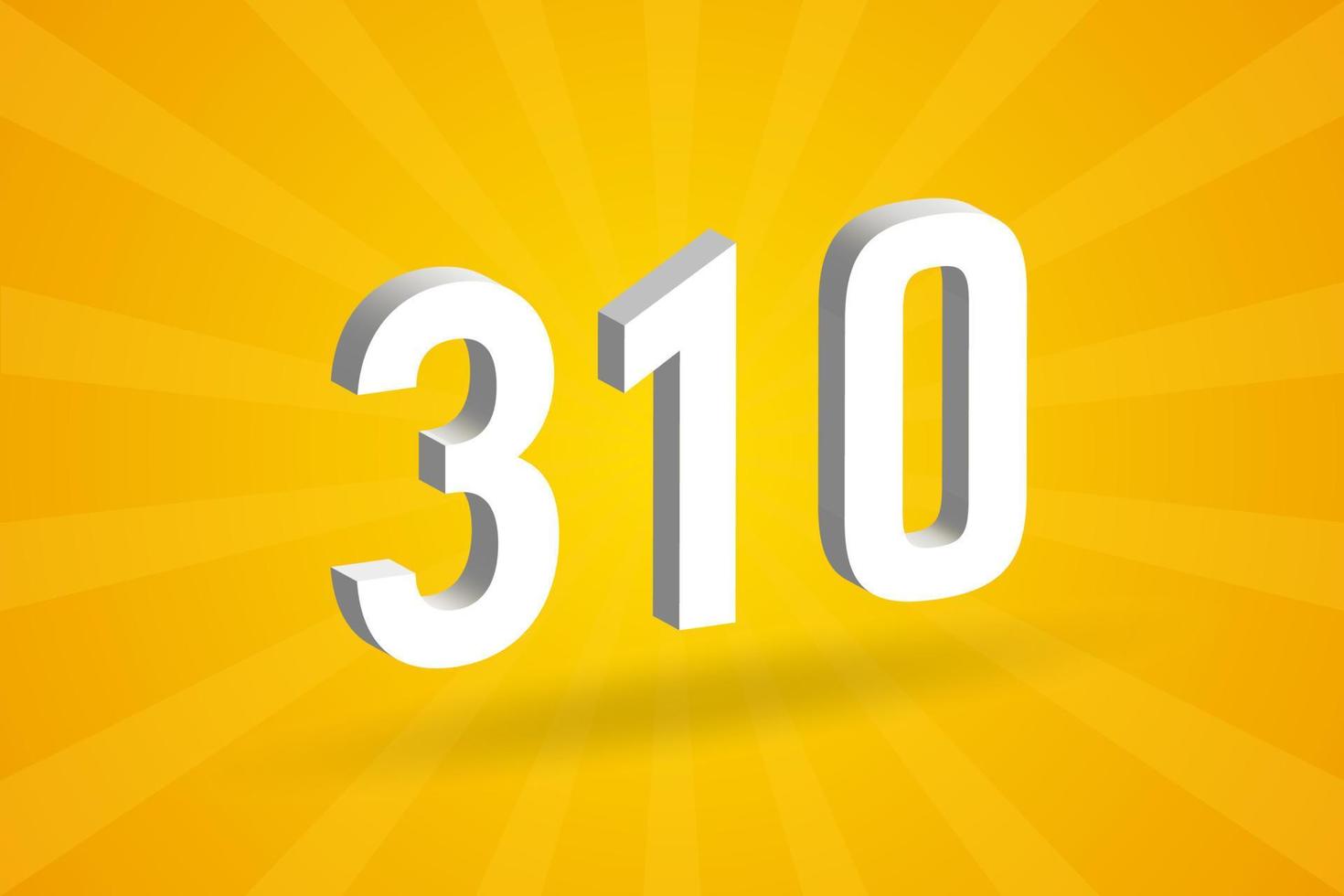 3D 310 number font alphabet. White 3D Number 310 with yellow background vector