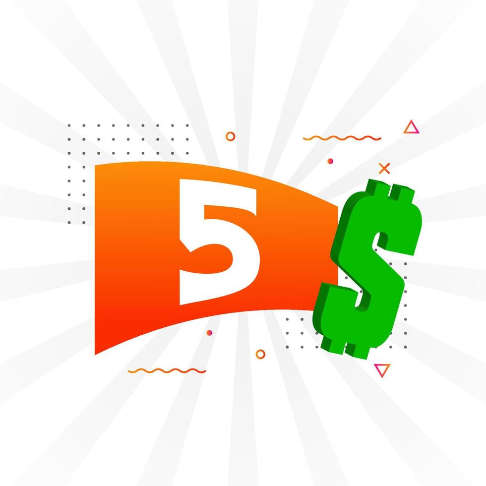 5 Dollar currency vector text symbol. 5 USD United States Dollar American Money stock vector