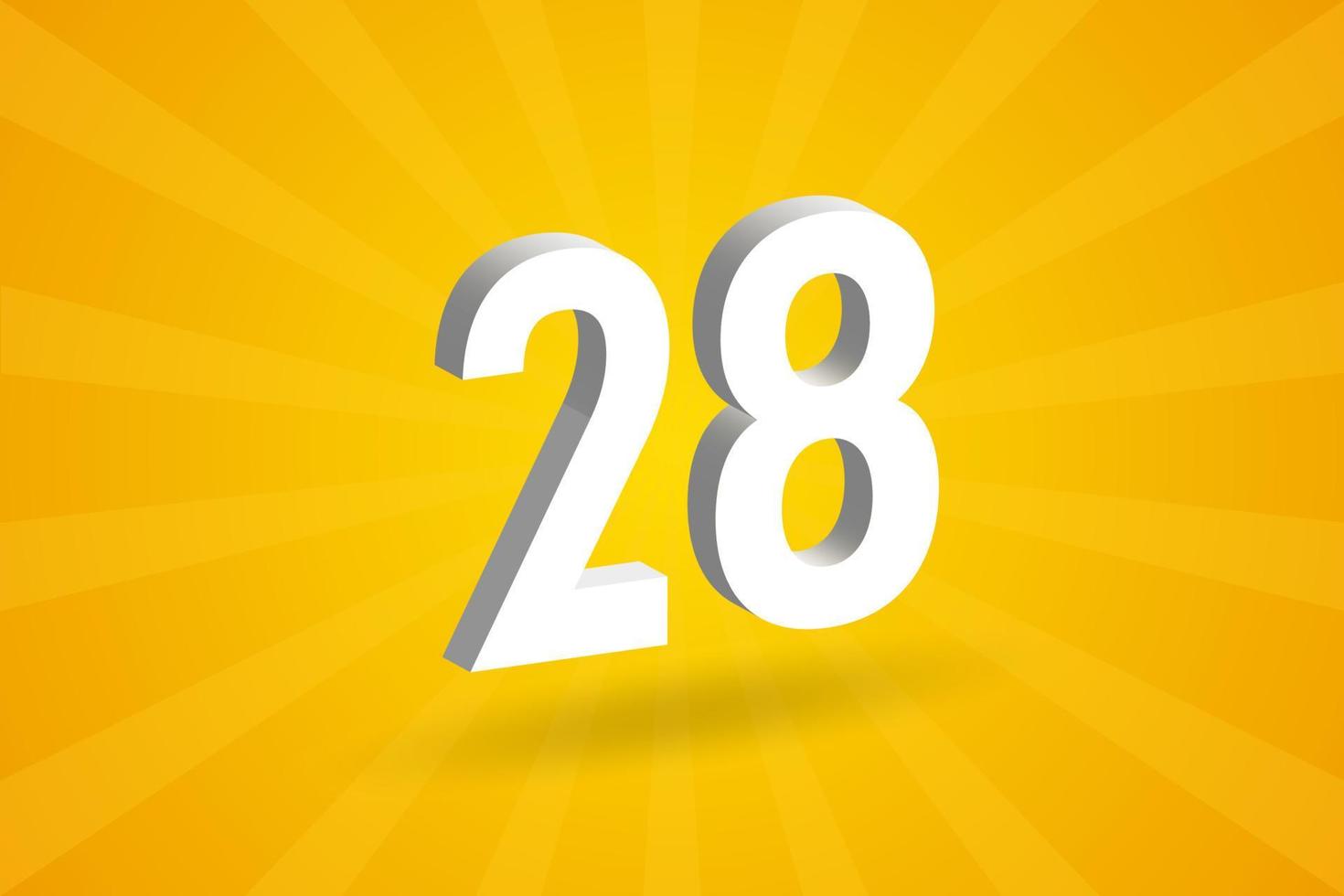 3D 28 number font alphabet. White 3D Number 28 with yellow background vector
