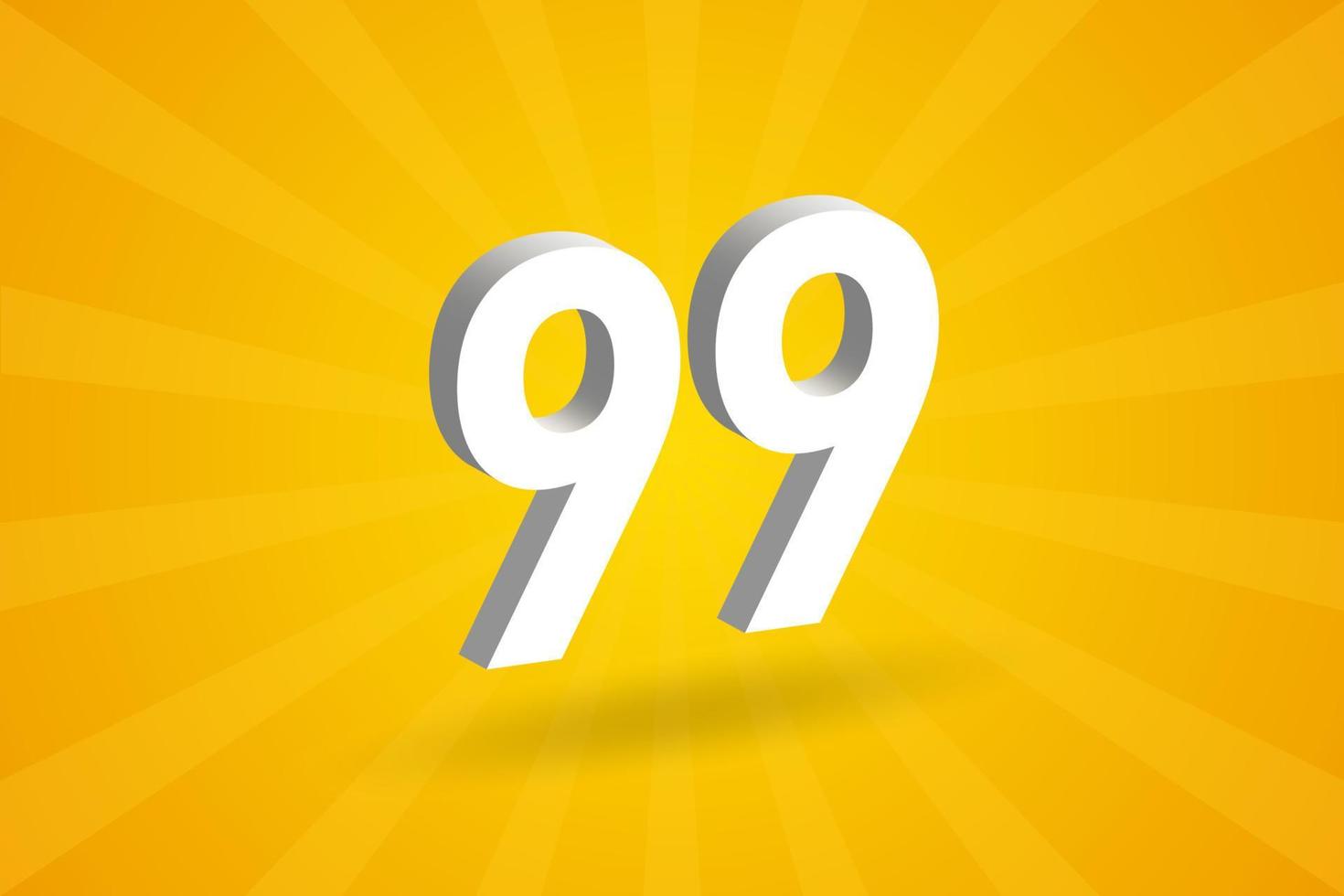 3D 99 number font alphabet. White 3D Number 99 with yellow background vector