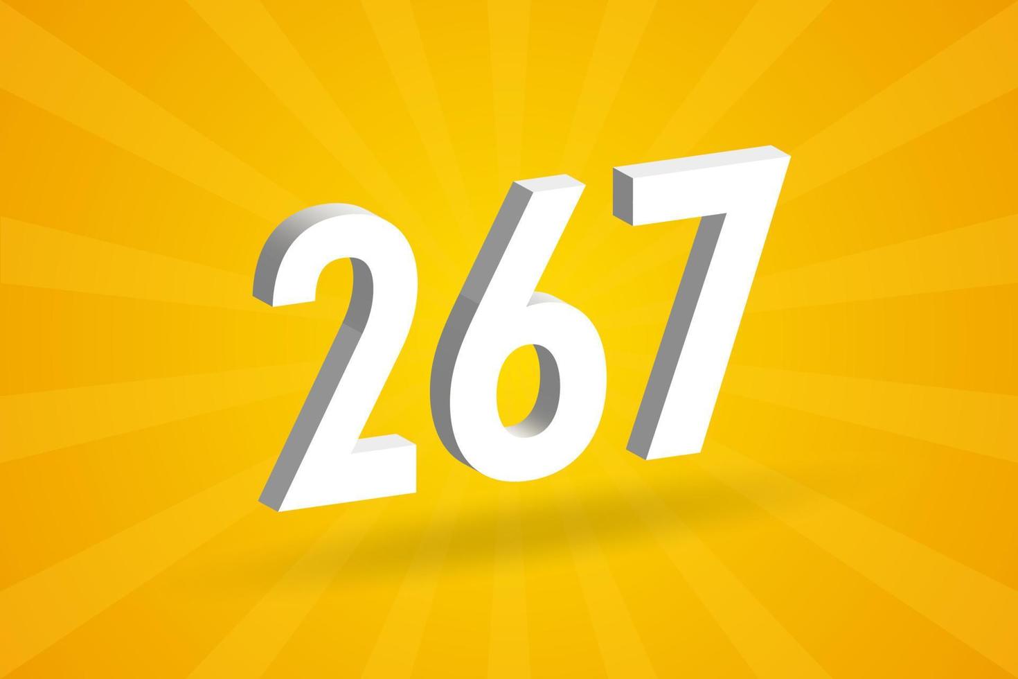3D 267 number font alphabet. White 3D Number 267 with yellow background vector