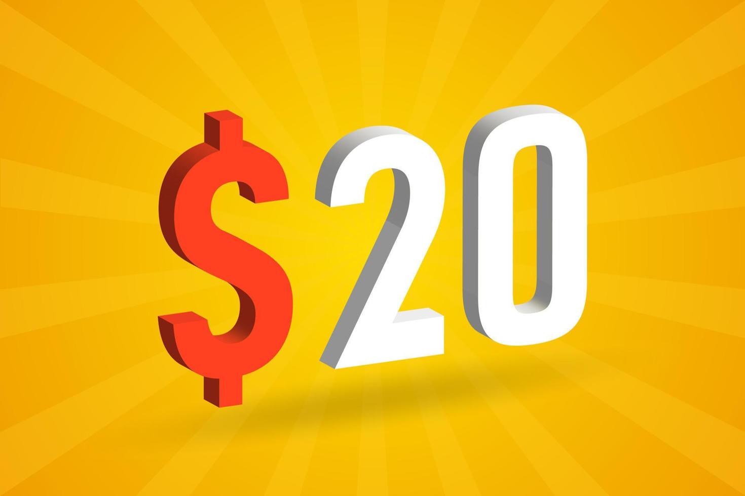 20 usd símbolo de texto 3d. 20 dólares de los estados unidos 3d con fondo amarillo vector de stock de dinero americano