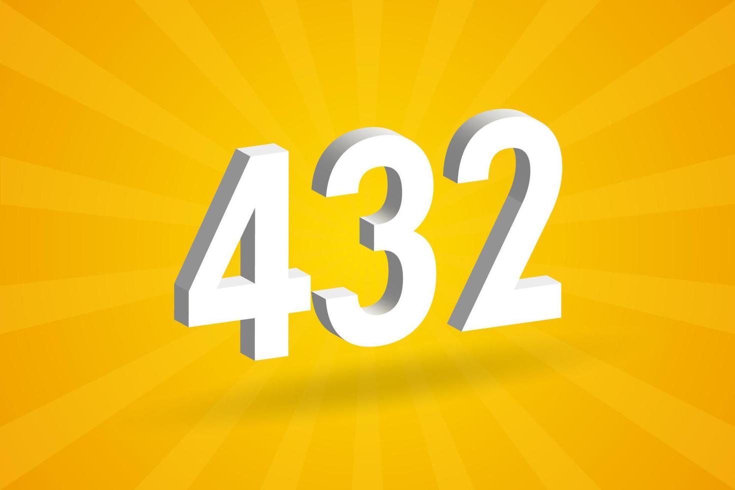 3D 432 number font alphabet. White 3D Number 432 with yellow background vector