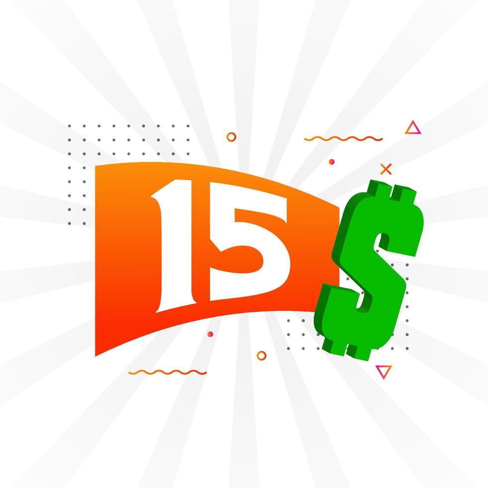 15 Dollar currency vector text symbol. 15 USD United States Dollar American Money stock vector