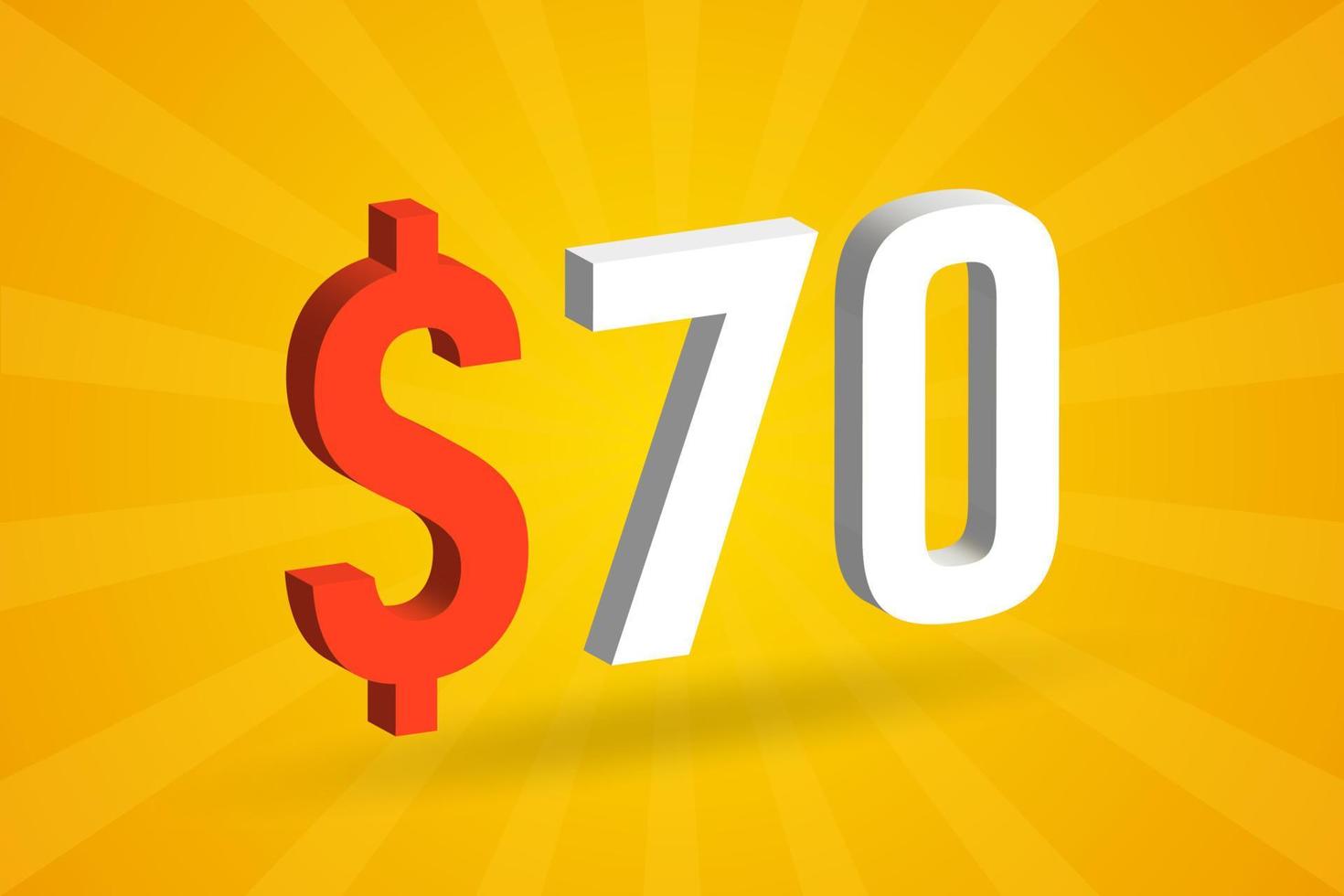 70 USD 3D text symbol. 70 United State Dollar 3D with yellow background American Money stock vector