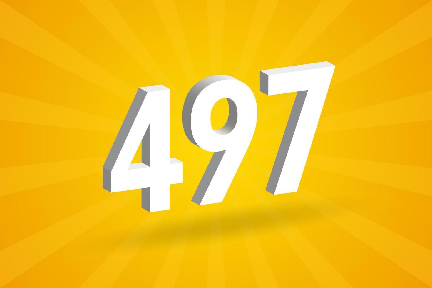 3D 497 number font alphabet. White 3D Number 497 with yellow background vector