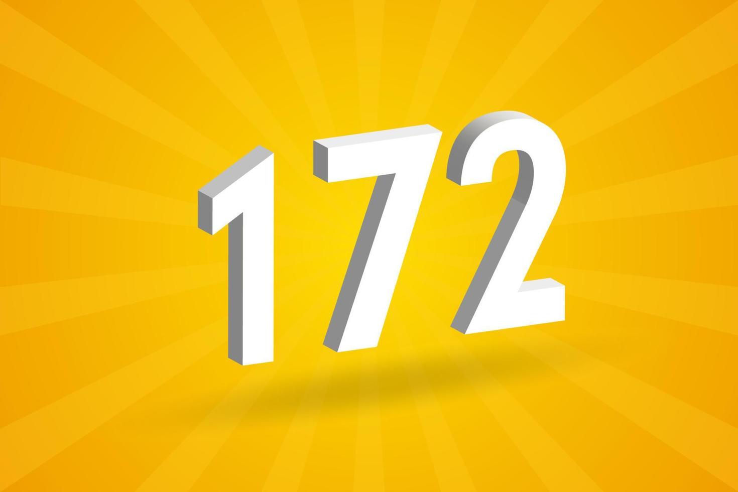3D 172 number font alphabet. White 3D Number 172 with yellow background vector