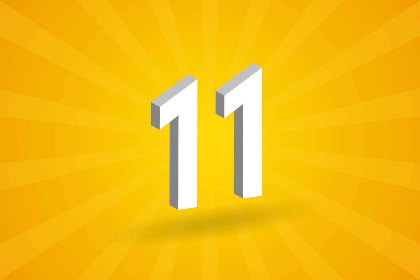 3D 11 number font alphabet. White 3D Number 11 with yellow background vector