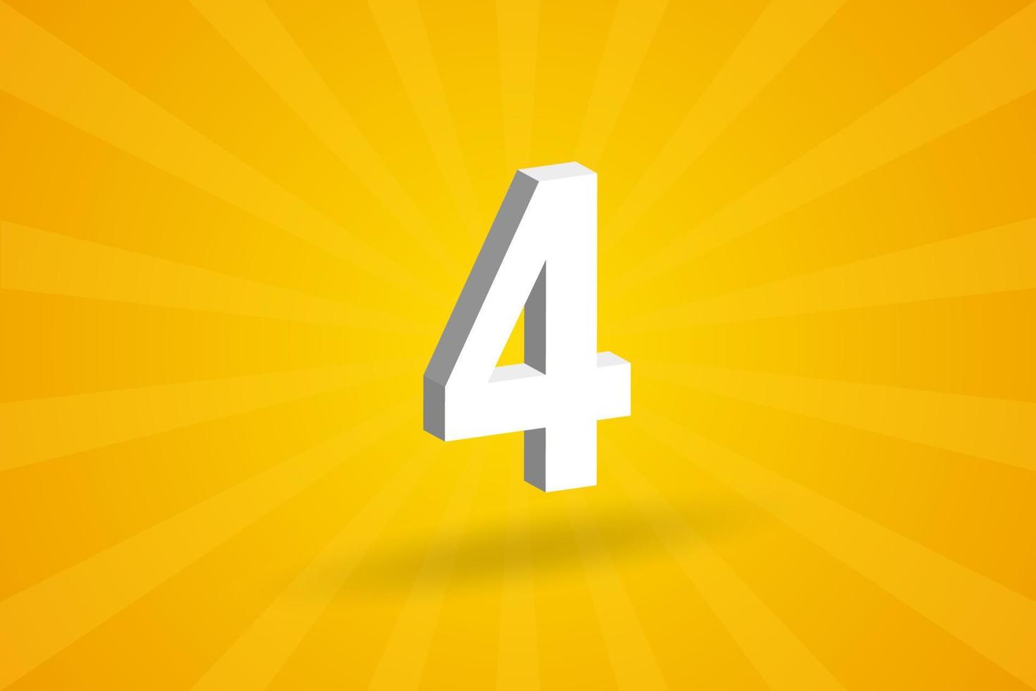 3D 4 number font alphabet. White 3D Number 4 with yellow background vector