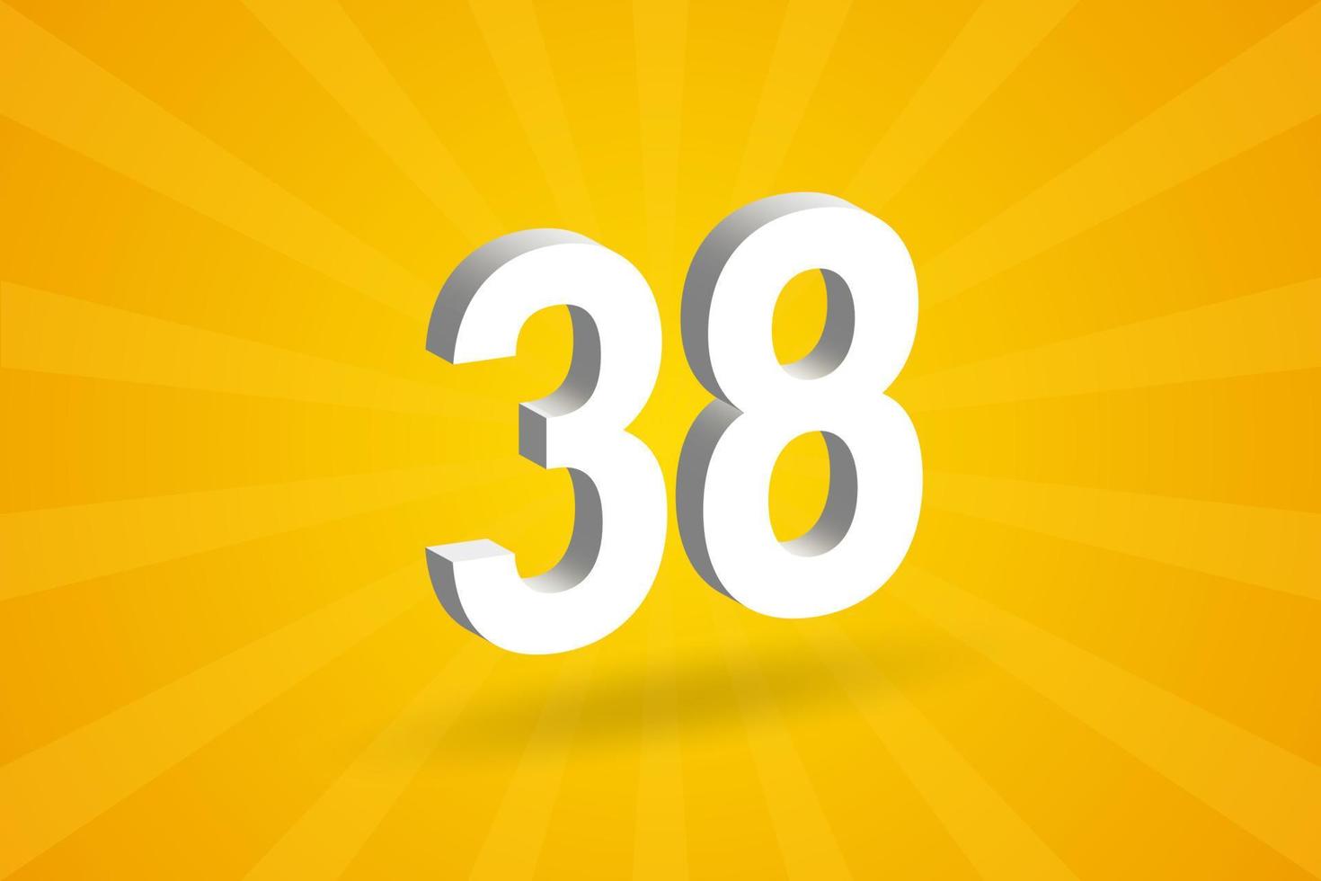 3D 38 number font alphabet. White 3D Number 38 with yellow background vector