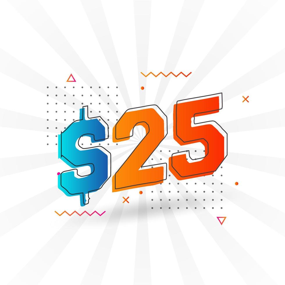 25 Dollar currency vector text symbol. 25 USD United States Dollar American Money stock vector