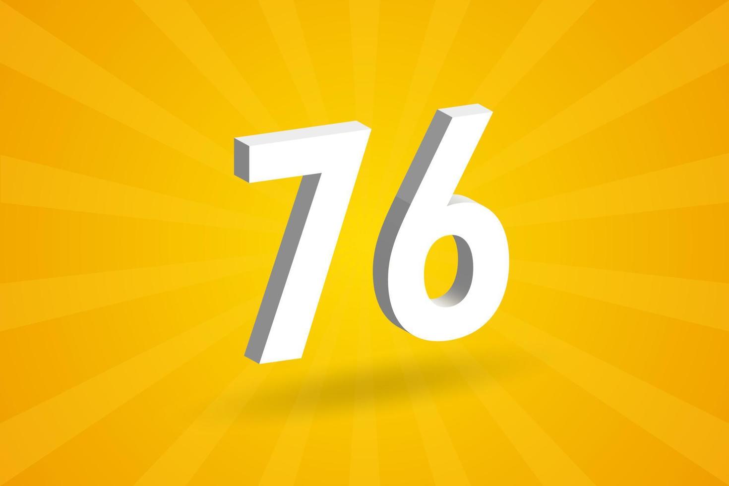 3D 76 number font alphabet. White 3D Number 76 with yellow background vector