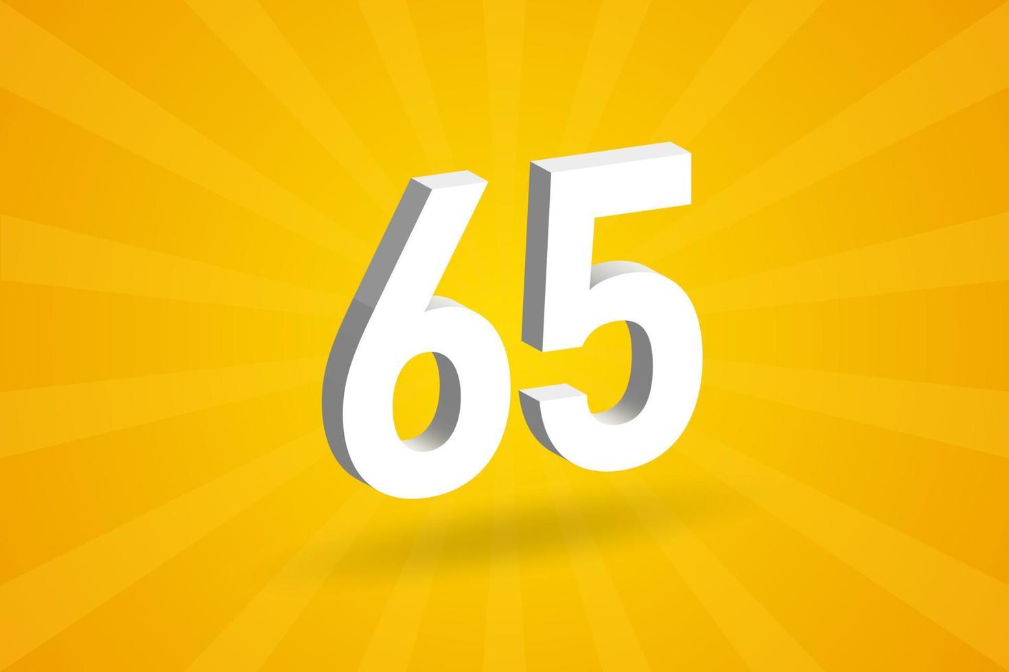 3D 65 number font alphabet. White 3D Number 65 with yellow background vector