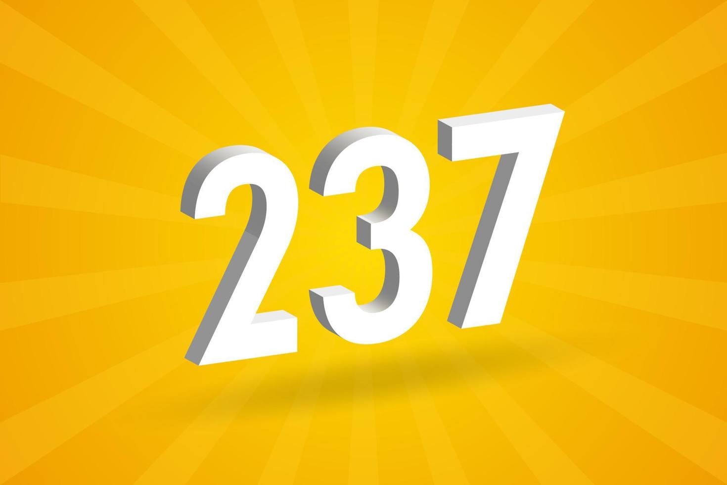 3D 237 number font alphabet. White 3D Number 237 with yellow background vector