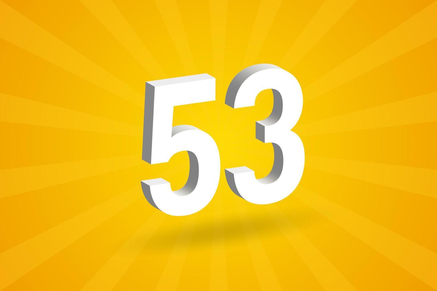 3D 53 number font alphabet. White 3D Number 53 with yellow background vector