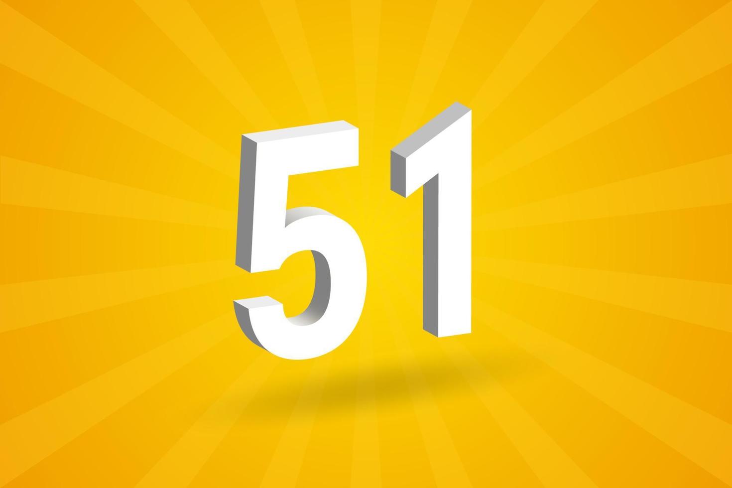 3D 51 number font alphabet. White 3D Number 51 with yellow background vector