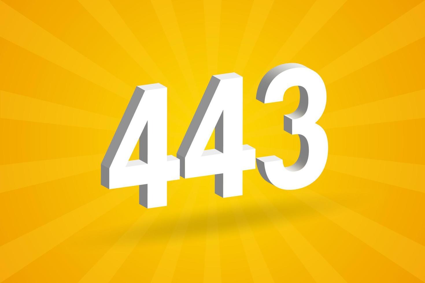 3D 443 number font alphabet. White 3D Number 443 with yellow background vector