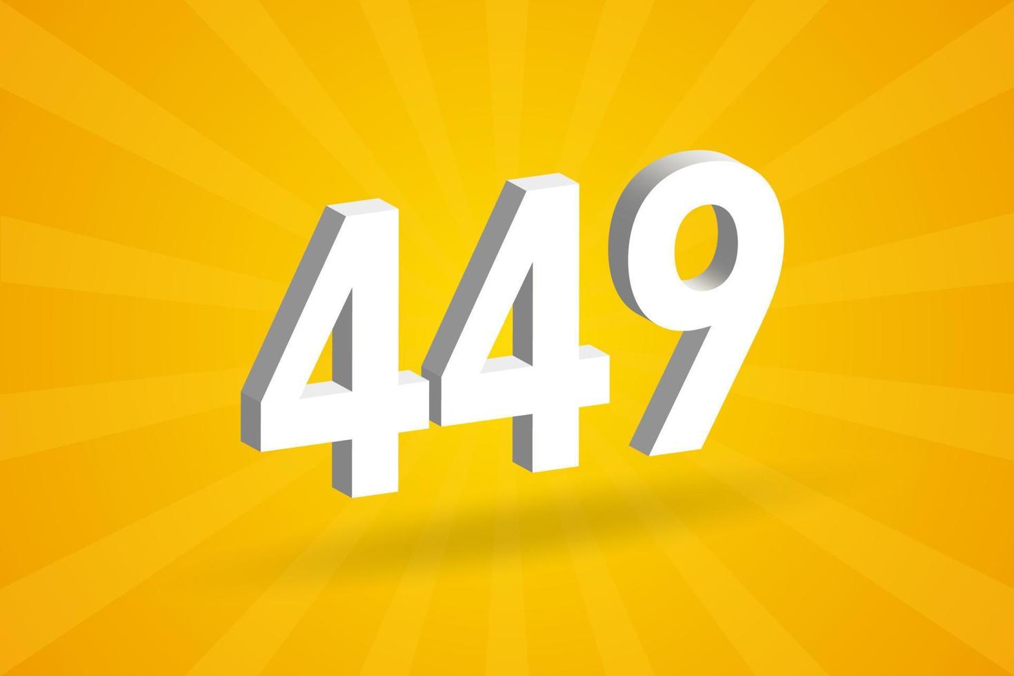 3D 449 number font alphabet. White 3D Number 449 with yellow background vector