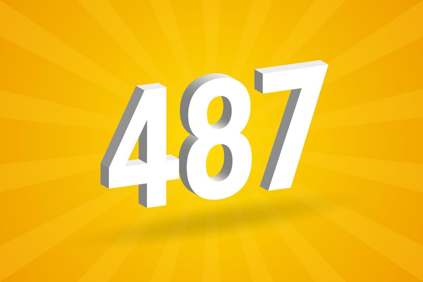 3D 487 number font alphabet. White 3D Number 487 with yellow background vector