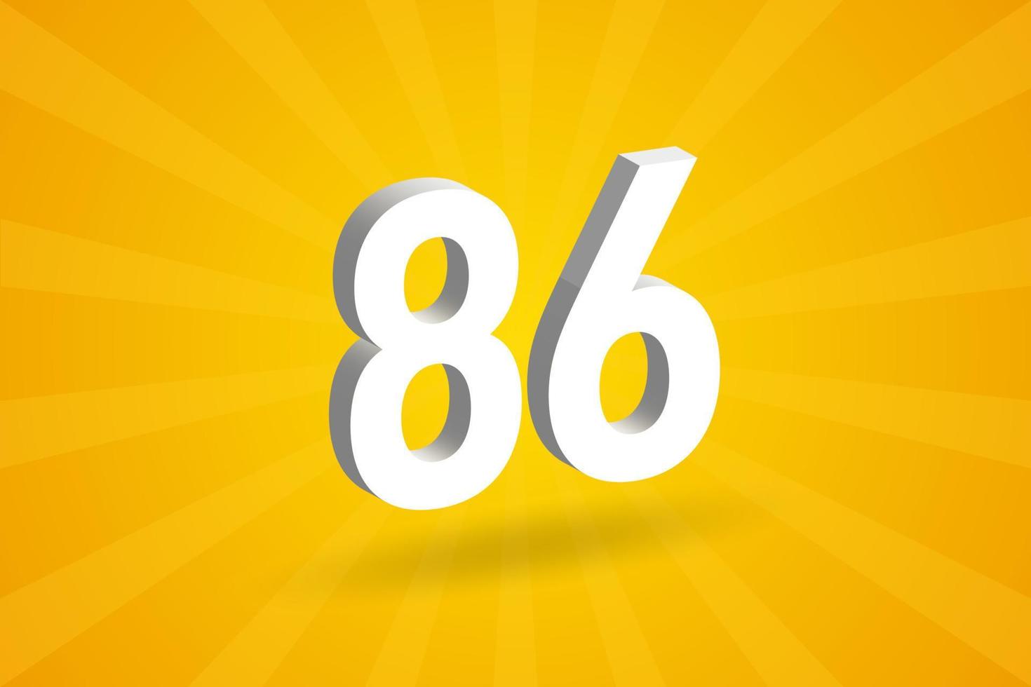 3D 86 number font alphabet. White 3D Number 86 with yellow background vector