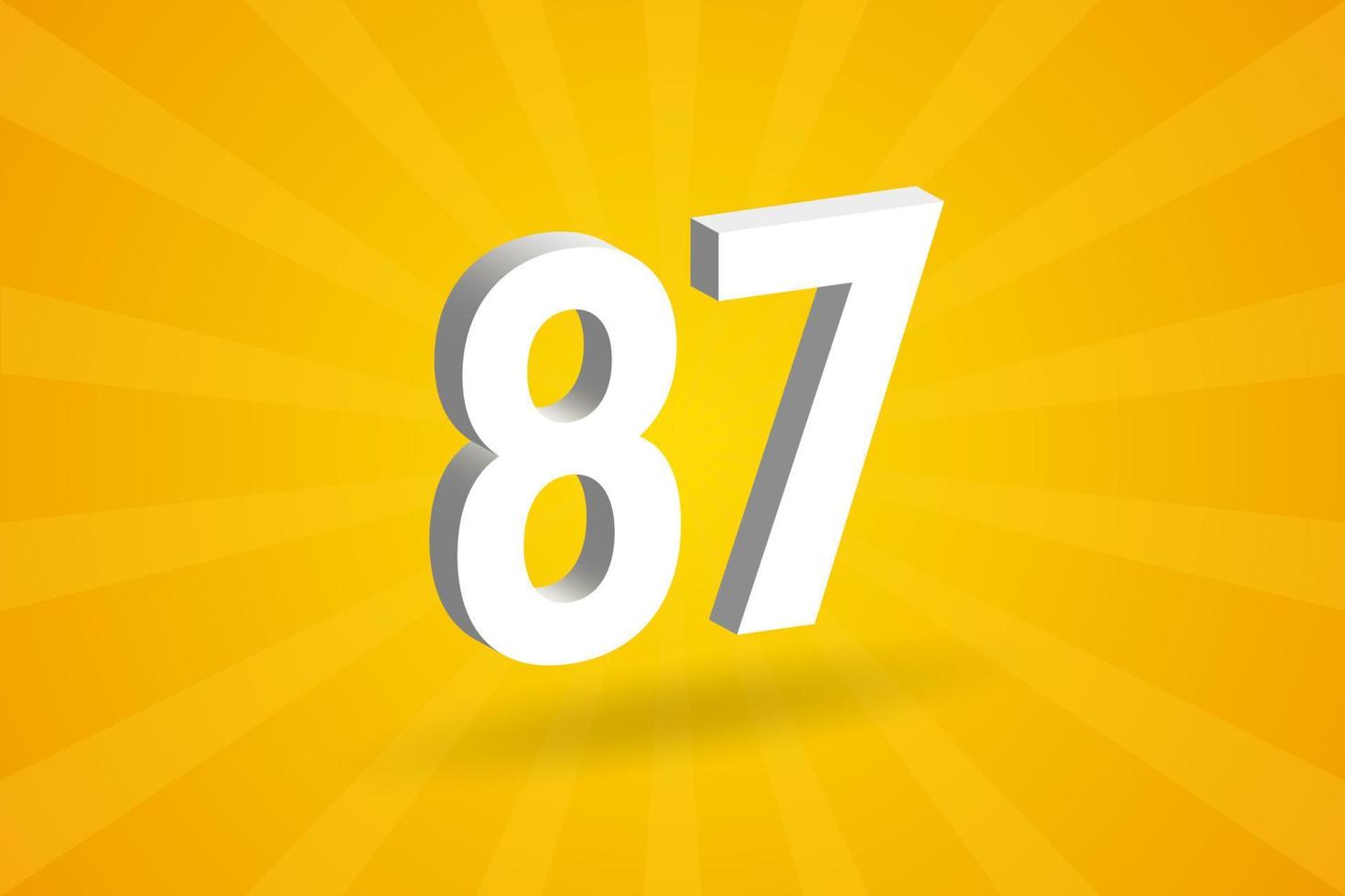 3D 87 number font alphabet. White 3D Number 87 with yellow background vector