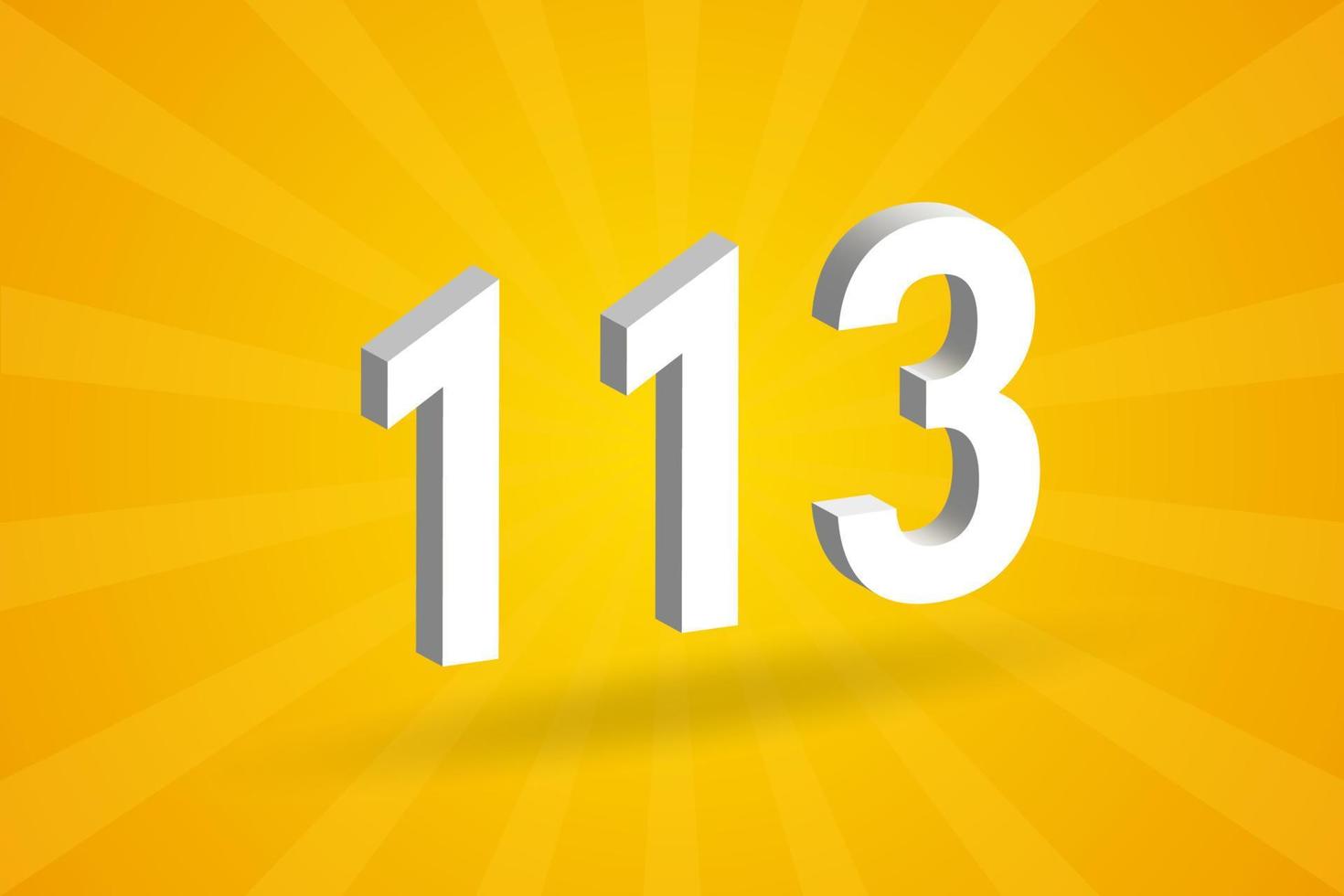 3D 113 number font alphabet. White 3D Number 113 with yellow background vector