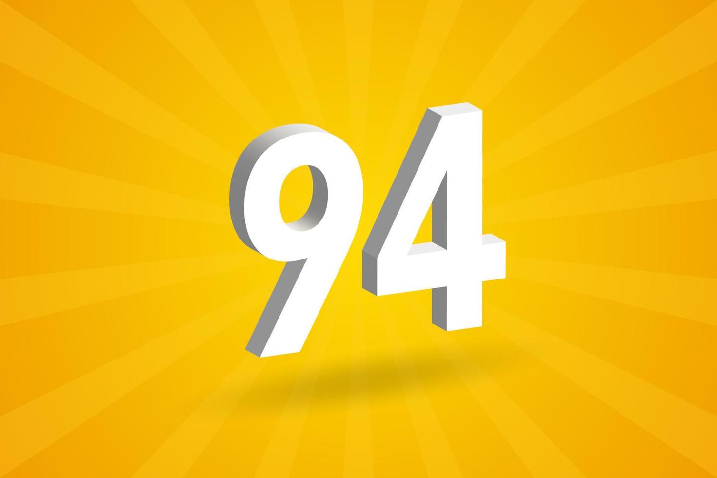 3D 94 number font alphabet. White 3D Number 94 with yellow background vector