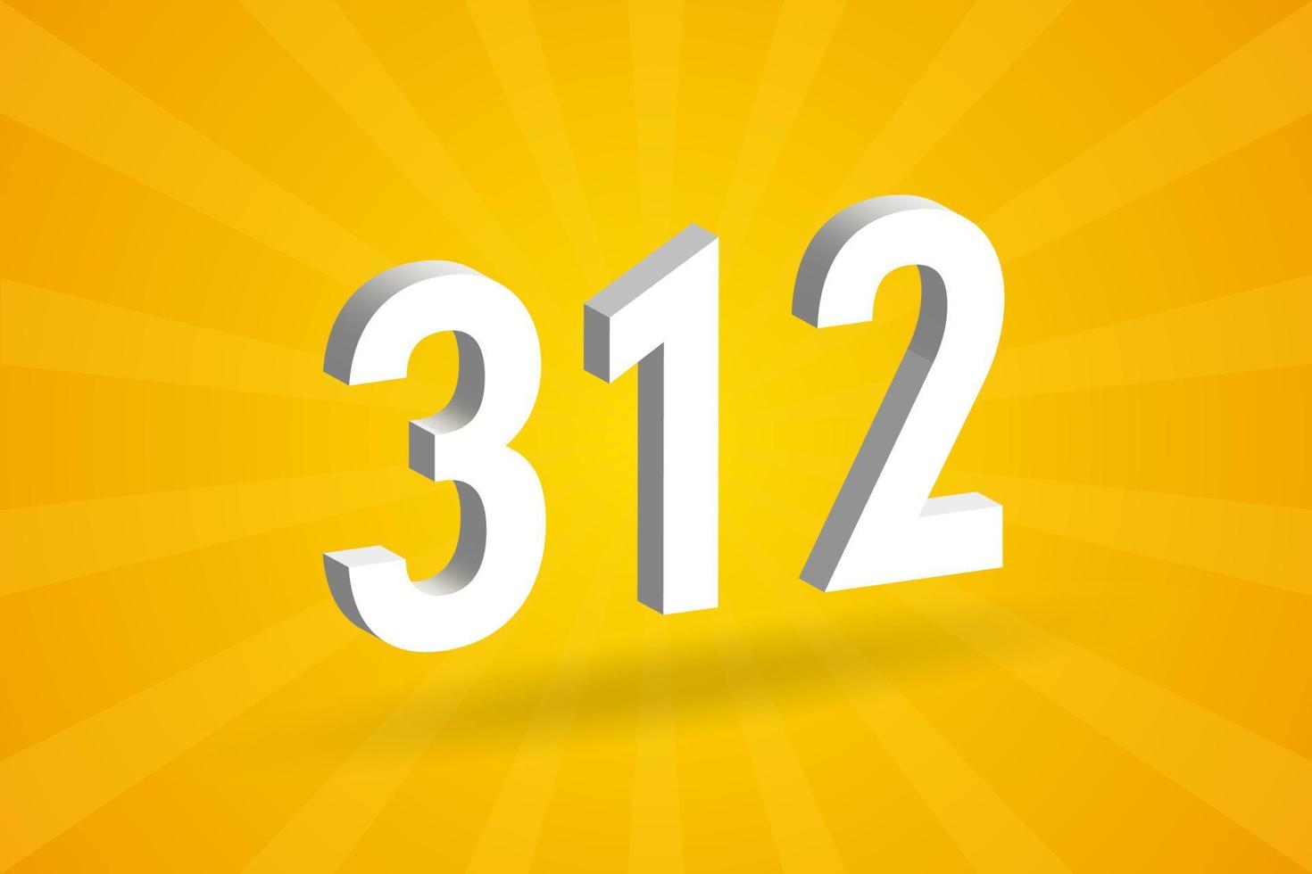 3D 312 number font alphabet. White 3D Number 312 with yellow background vector