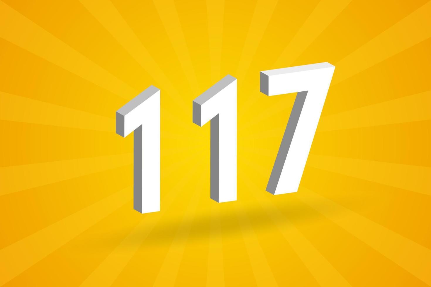 3D 117 number font alphabet. White 3D Number 117 with yellow background vector