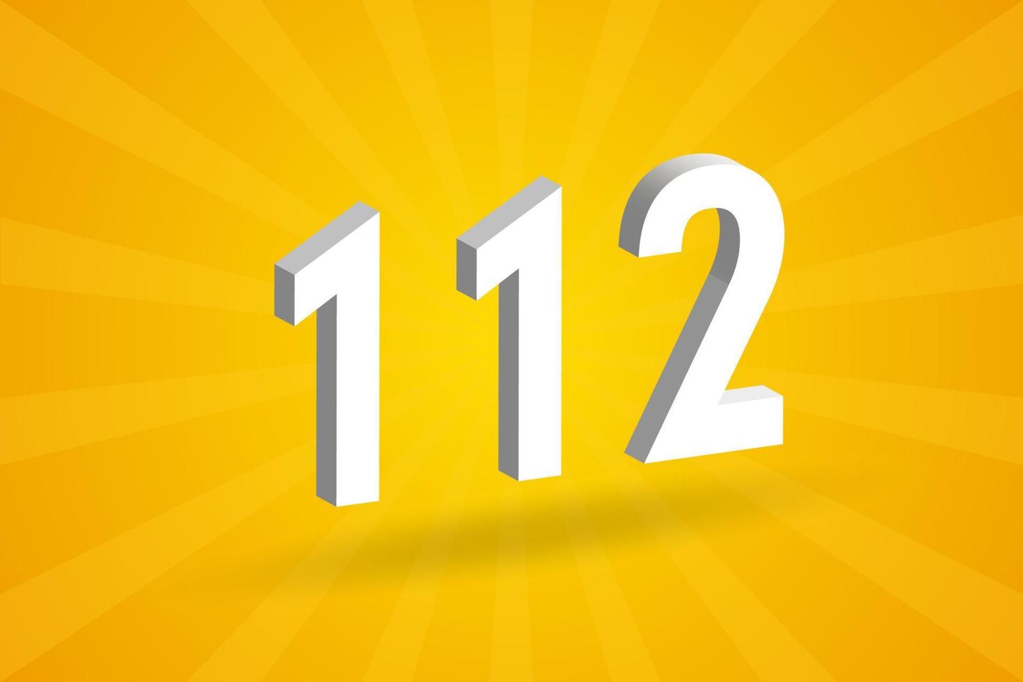 3D 112 number font alphabet. White 3D Number 112 with yellow background vector