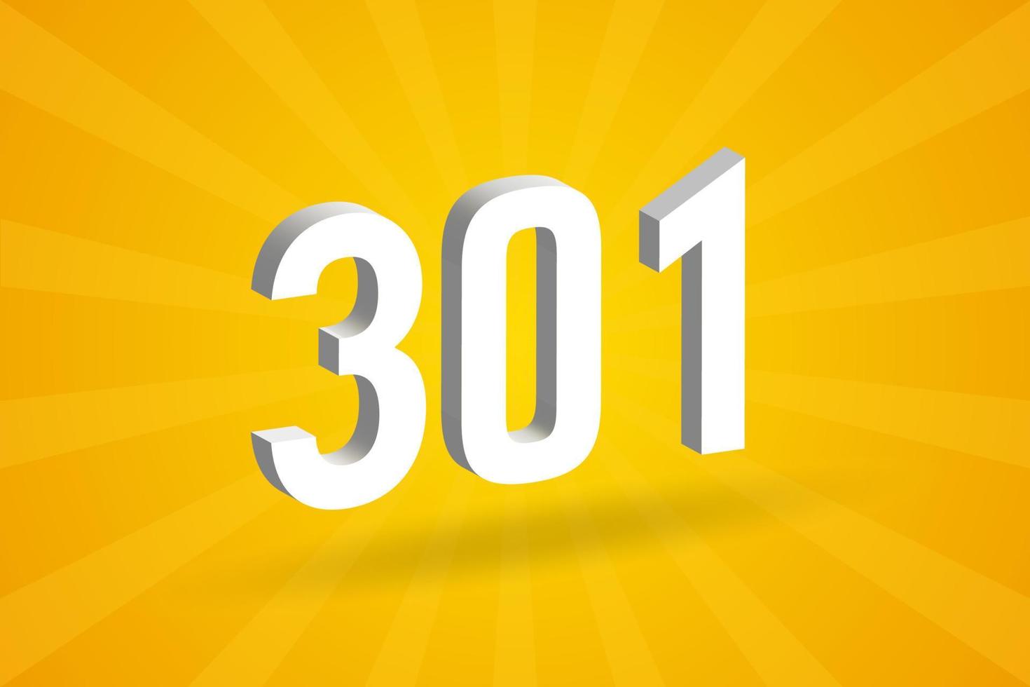 3D 301 number font alphabet. White 3D Number 301 with yellow background vector