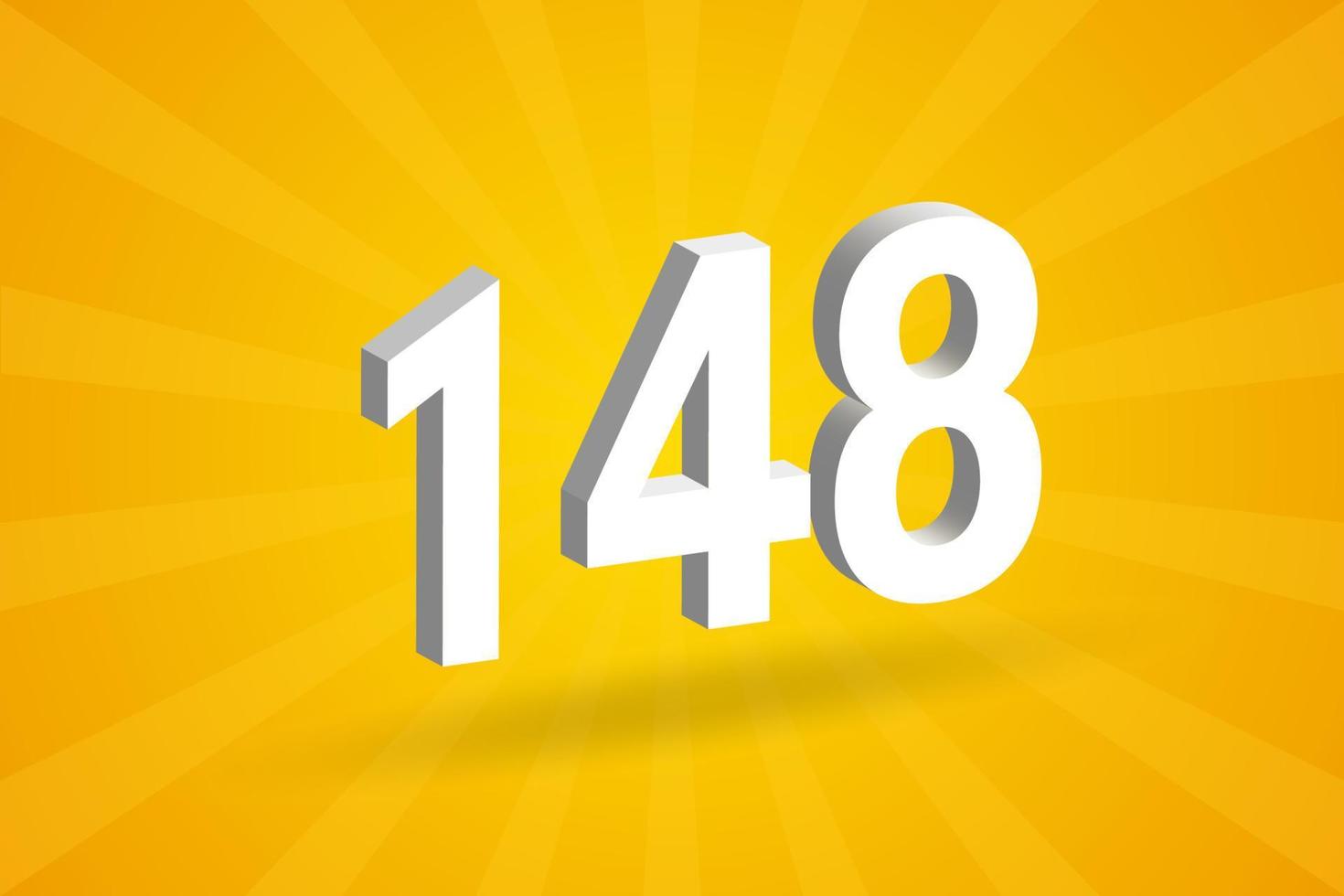 3D 148 number font alphabet. White 3D Number 148 with yellow background vector