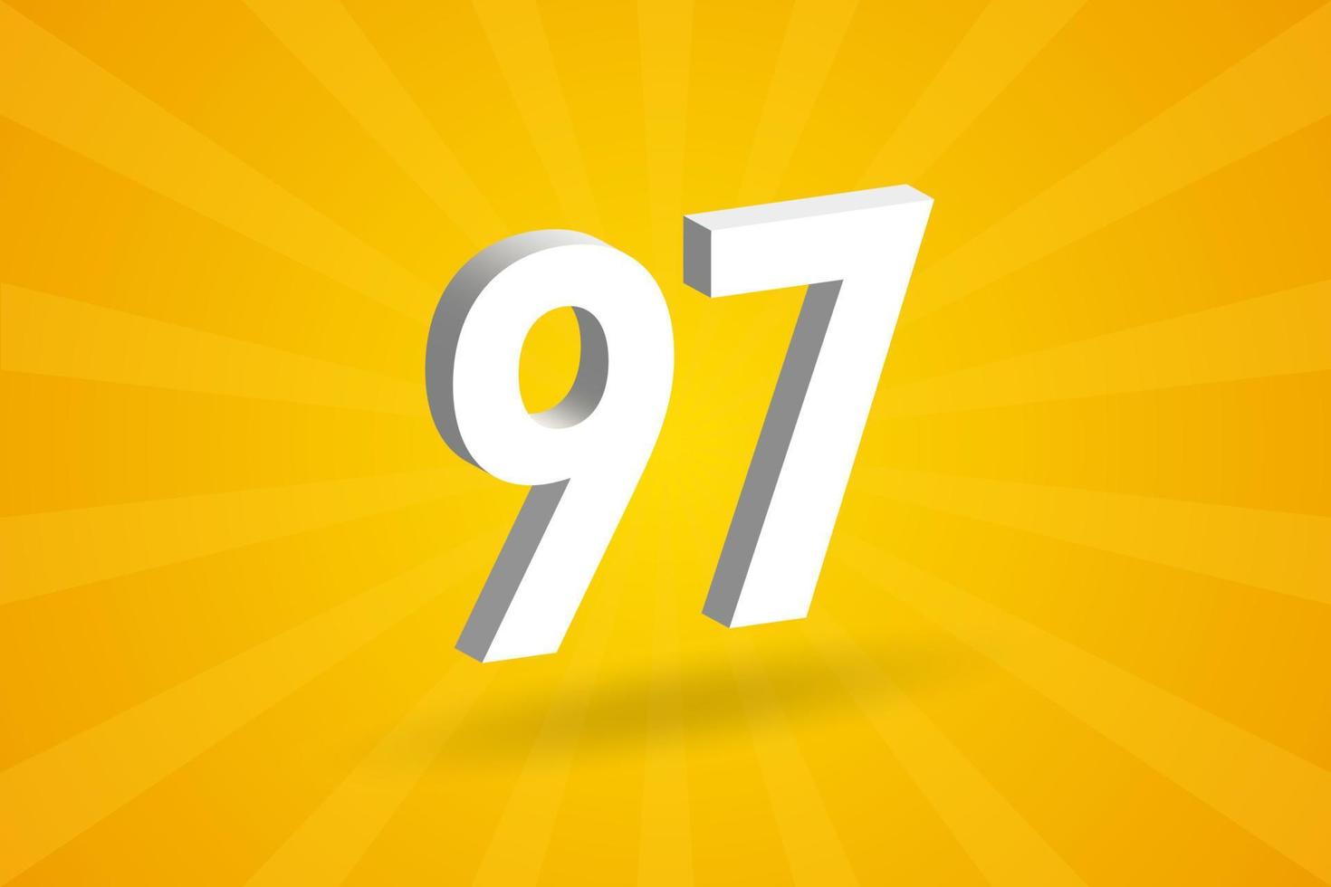 3D 97 number font alphabet. White 3D Number 97 with yellow background vector