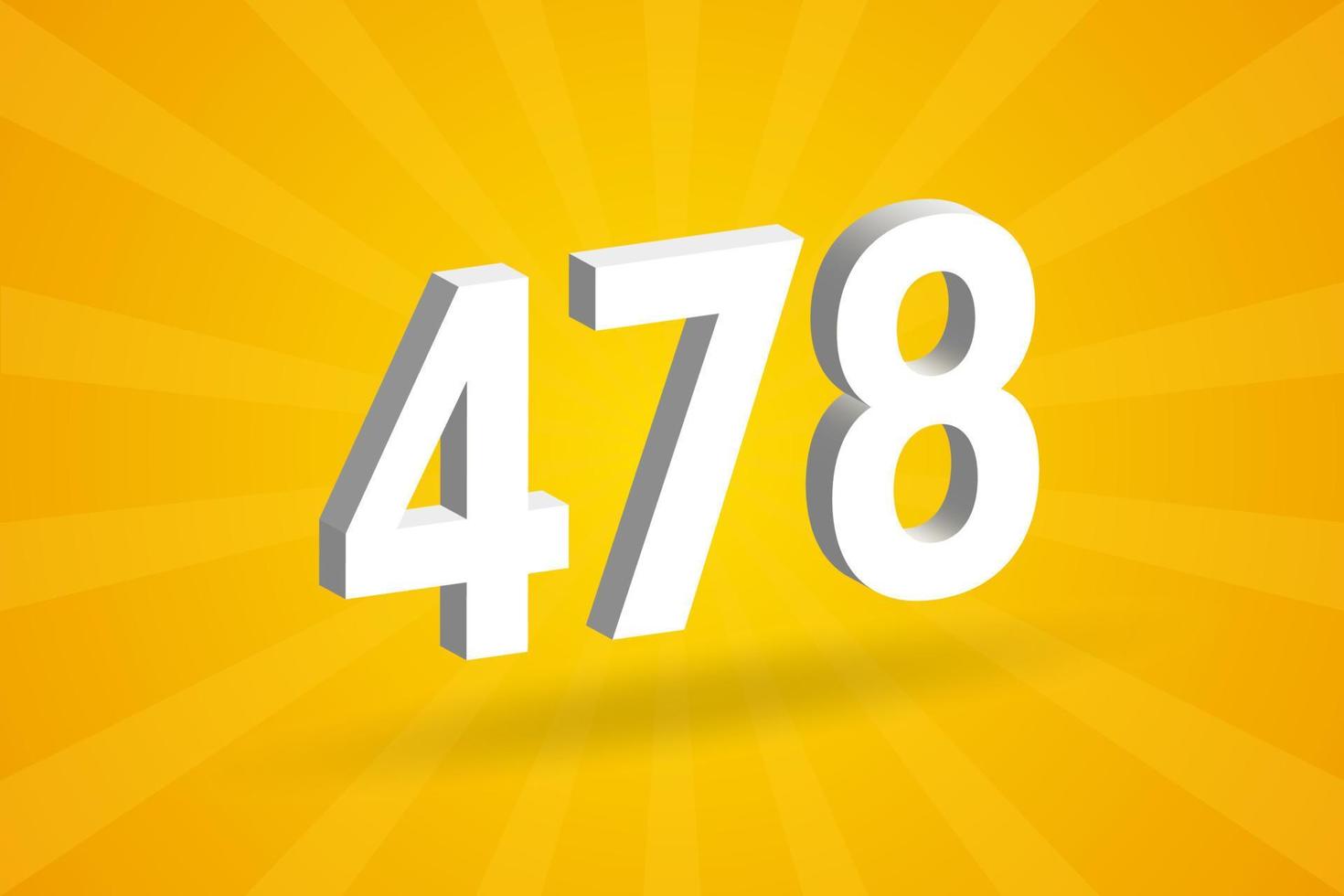 3D 478 number font alphabet. White 3D Number 478 with yellow background vector