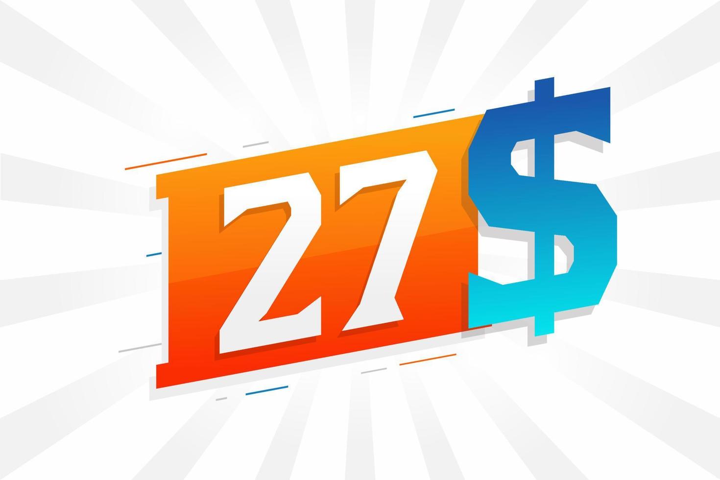 Símbolo de texto vectorial de moneda de 27 dólares. 27 usd dólar de los estados unidos dinero americano stock vector