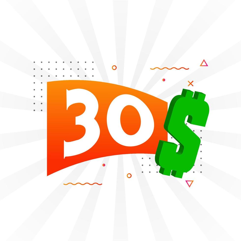 30 Dollar currency vector text symbol. 30 USD United States Dollar American Money stock vector