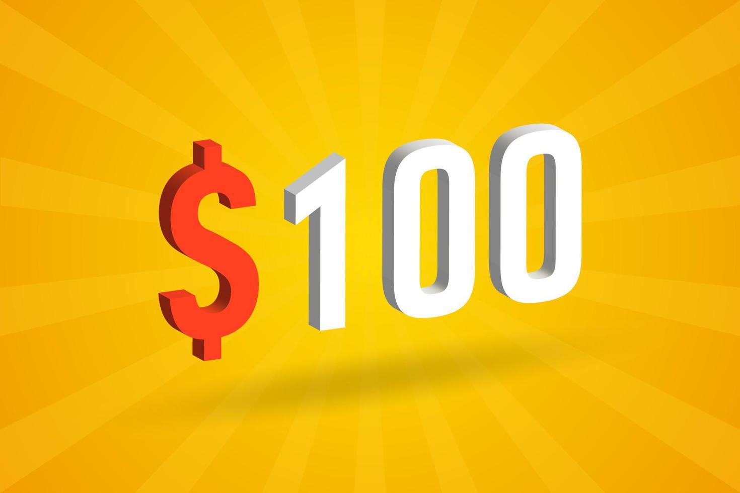 100 USD 3D text symbol. 100 United State Dollar 3D with yellow background American Money stock vector