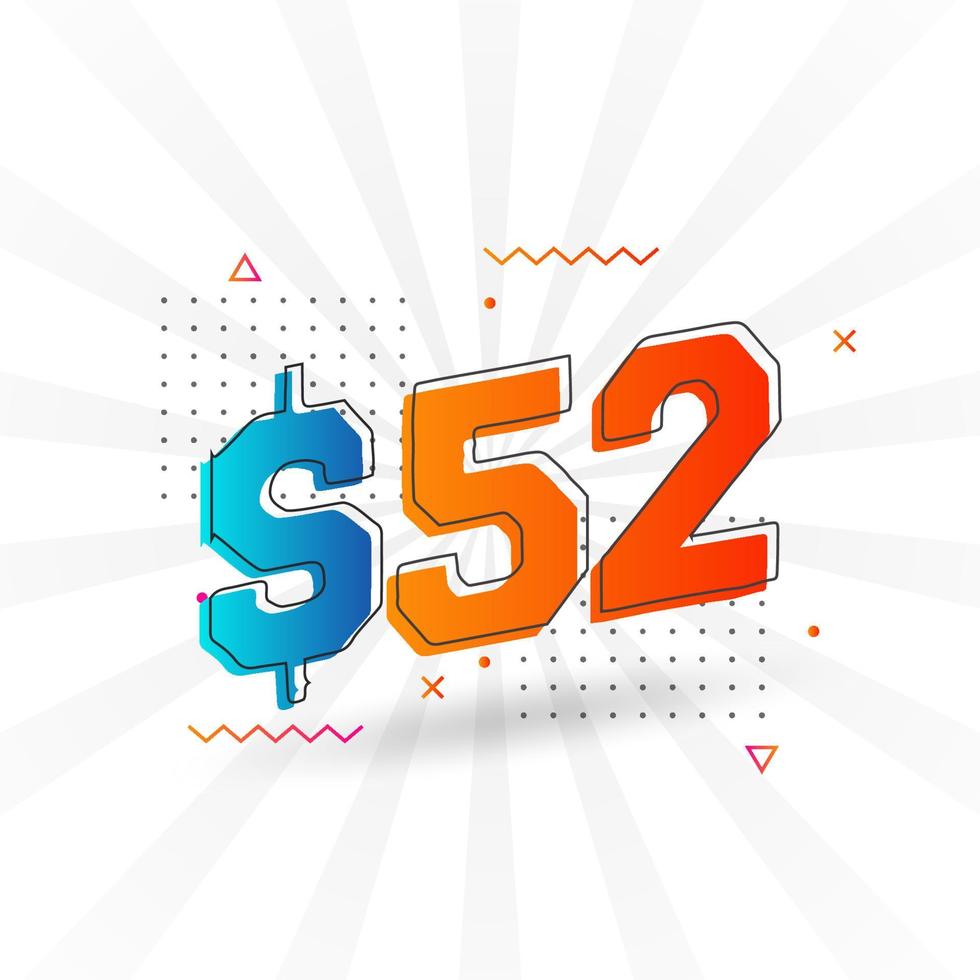 52 Dollar currency vector text symbol. 52 USD United States Dollar American Money stock vector