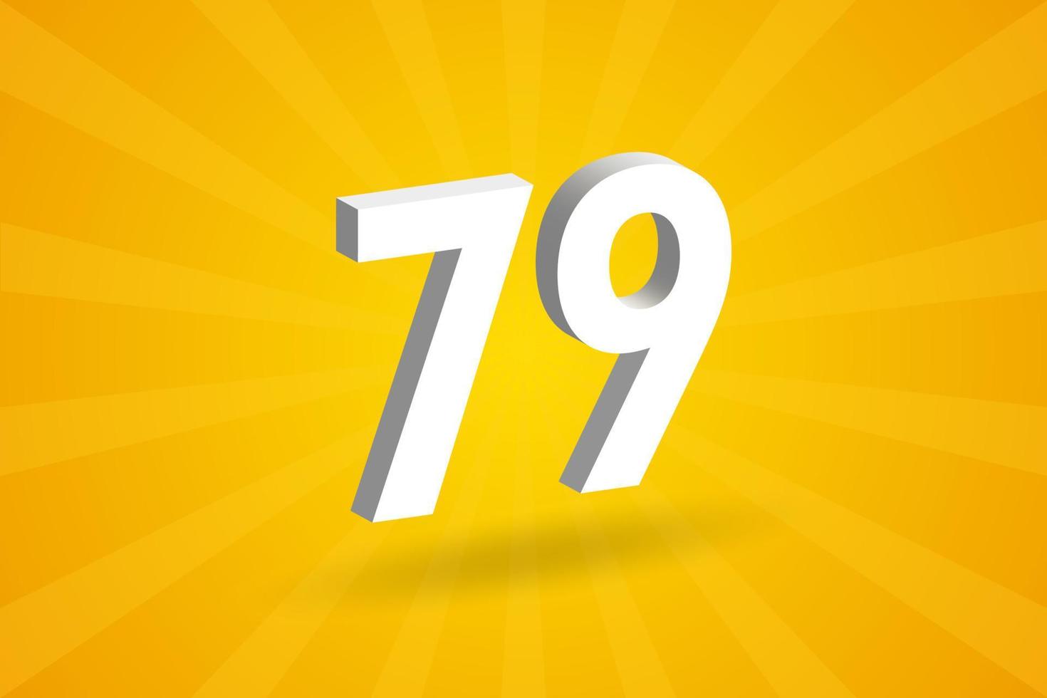 3D 79 number font alphabet. White 3D Number 79 with yellow background vector